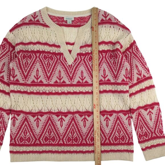 Sundance Brixen Fair Isle V-Neck Sweater Size M Wool Blend Pointelle Pink White - Picture 14 of 16